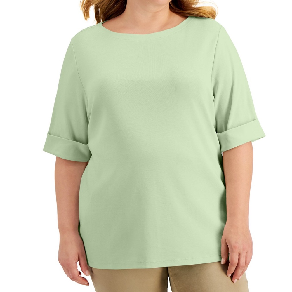 Light Green Elbow Sleeve Boatneck Short Sleeve Top Plus Size 3X